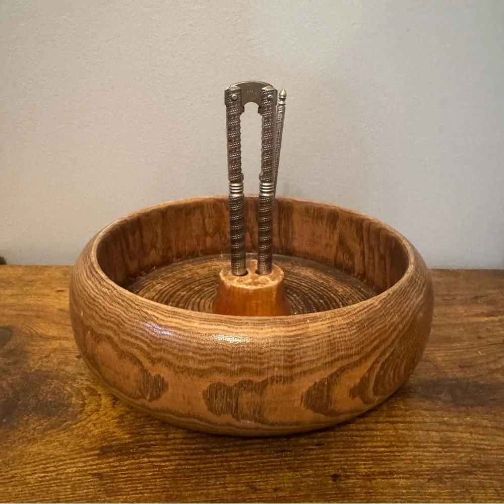 Vintage Wooden Nut Bowl With‎ Nutcracker And Pick Mid Century Barware Set